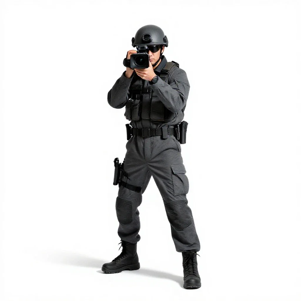 War correspondent with a hovering camera isolated on a white background