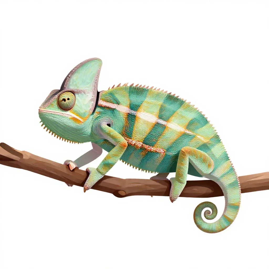 Chameleon on a branch isolated on a white background