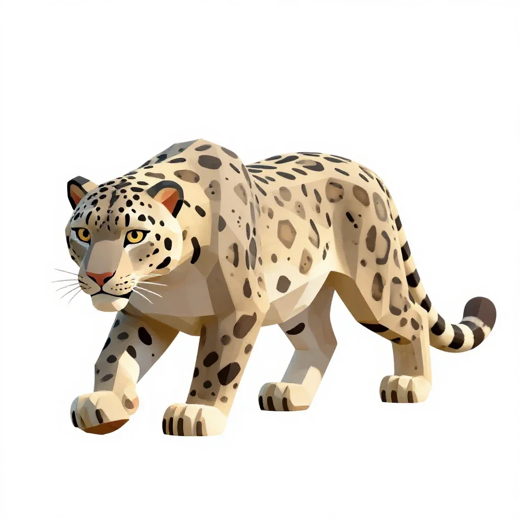Snow leopard mid-prowl isolated on a white background