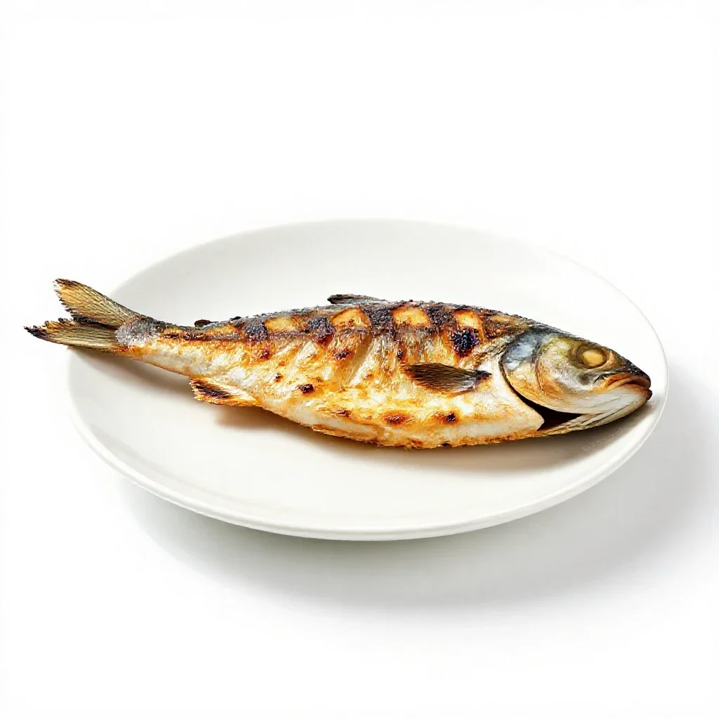 Grilled fish on a plate isolated on a white background