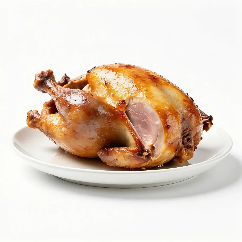 Roast chicken on a board isolated on a white background