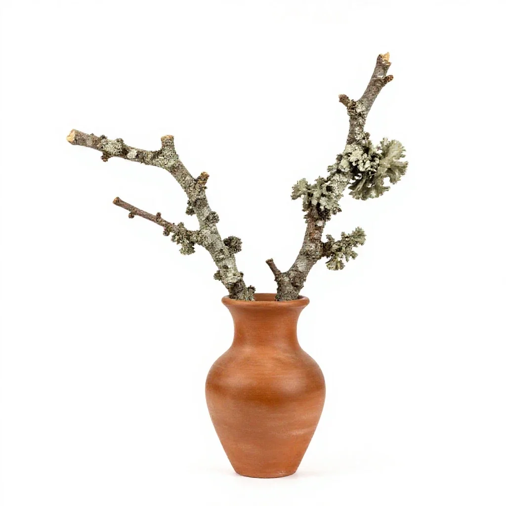 Lichen-covered twig isolated on a white background