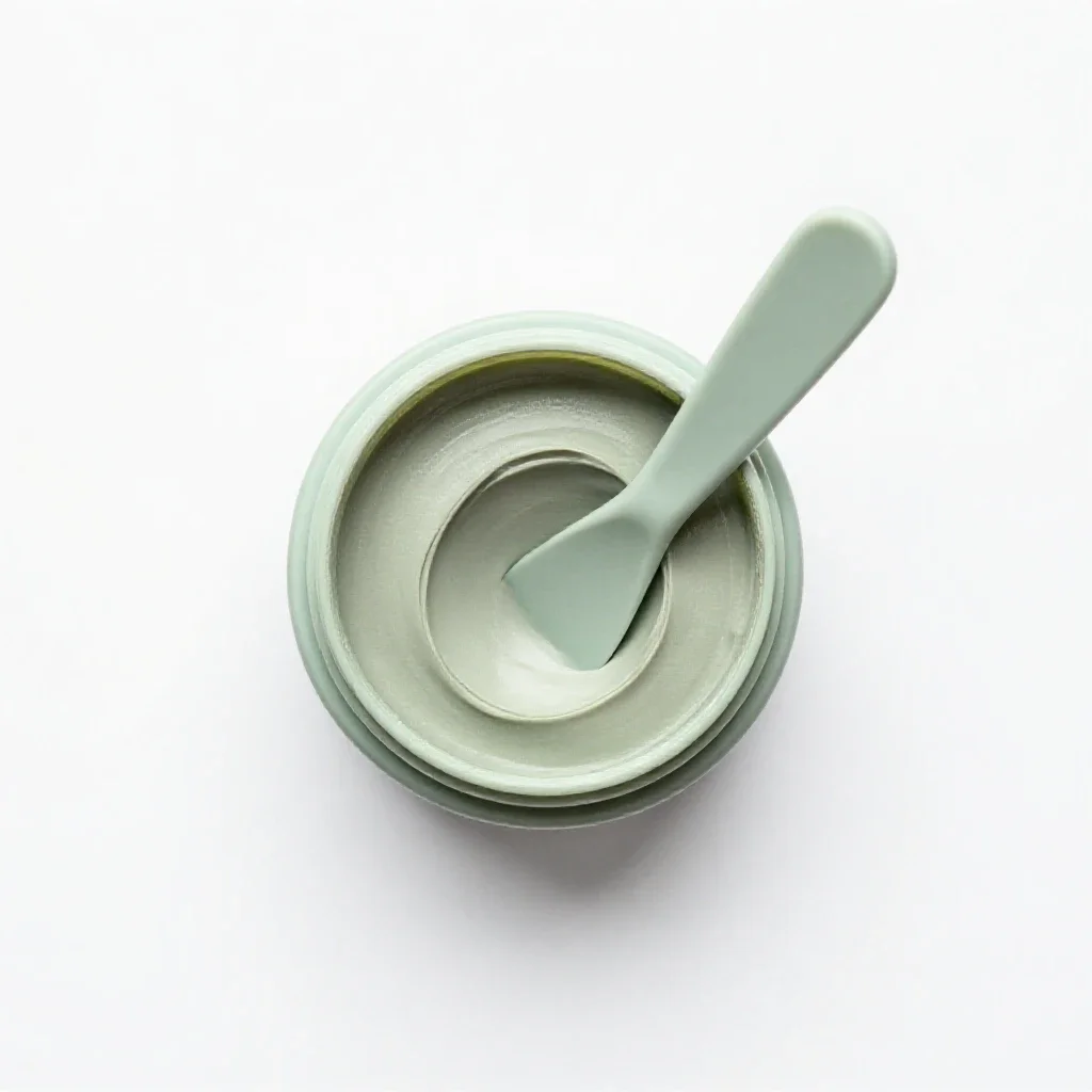 Clay mask jar with a spatula isolated on a white background