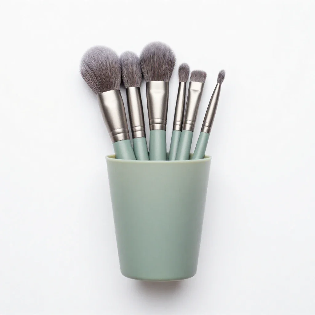 Makeup brush set in a cup isolated on a white background