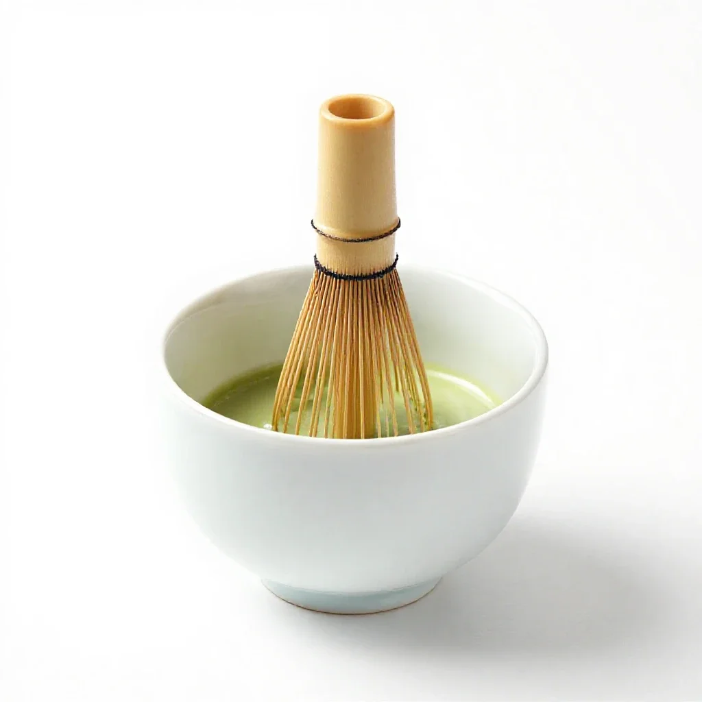 Matcha whisked in a chawan isolated on a white background