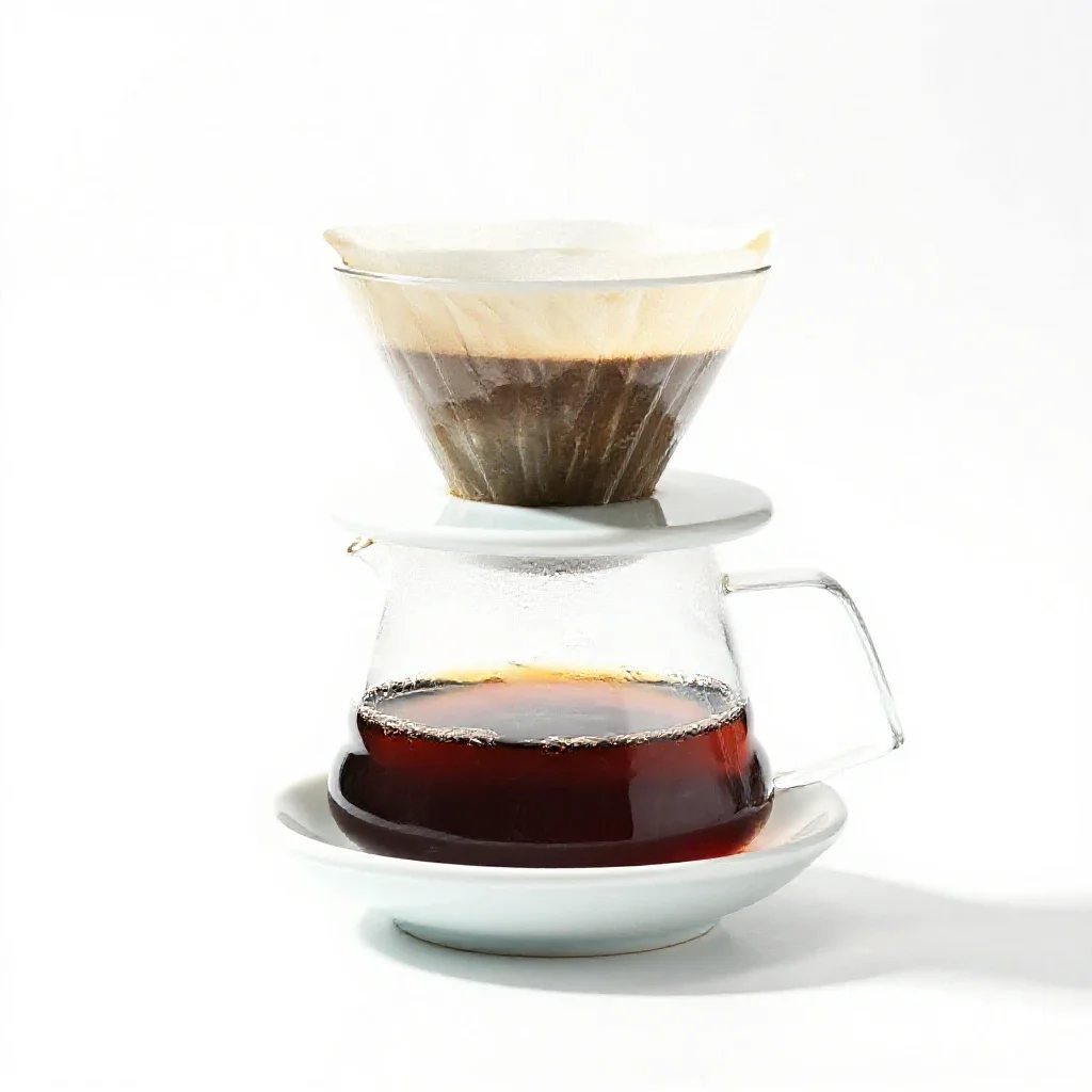 Pour-over coffee mid-bloom isolated on a white background