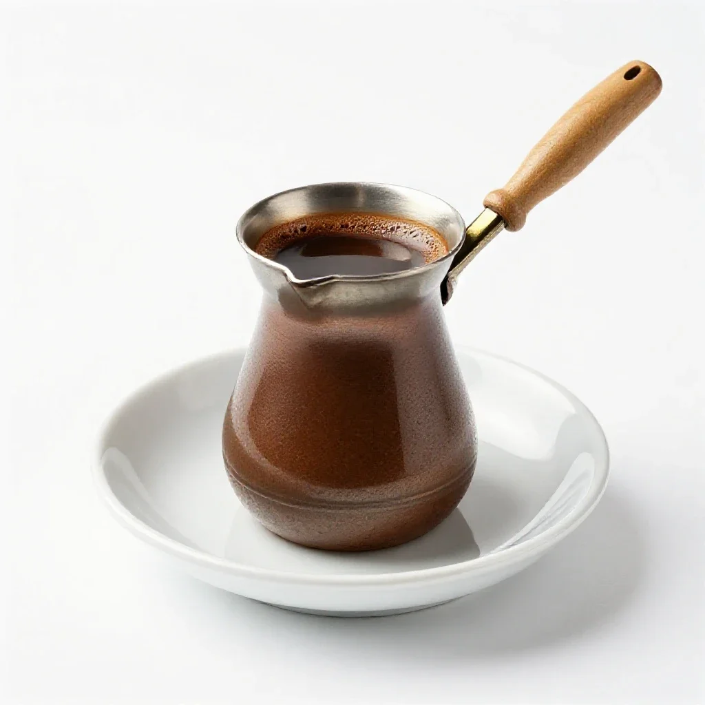 Turkish coffee in a cezve isolated on a white background