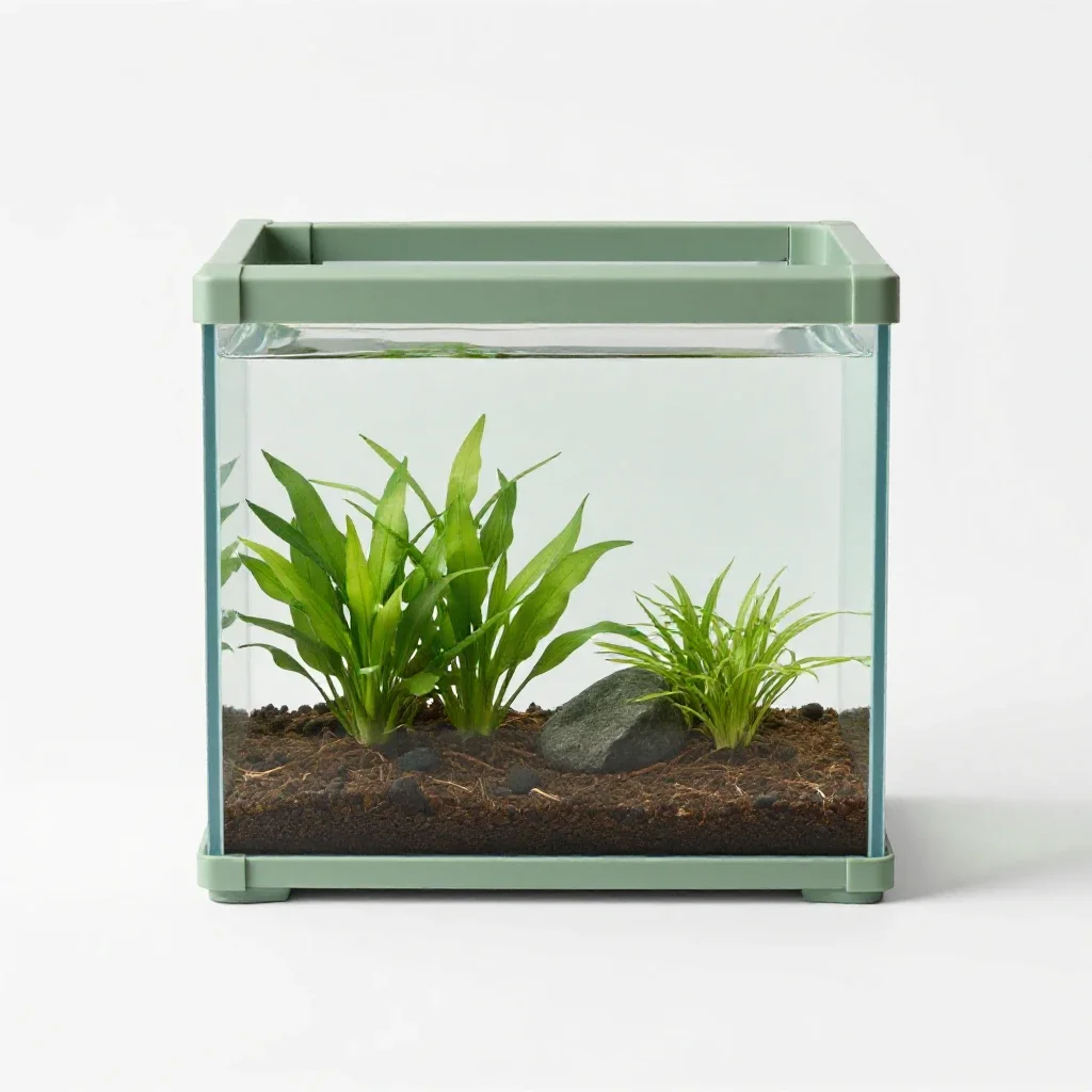 Aquarium with a planted substrate isolated on a white background