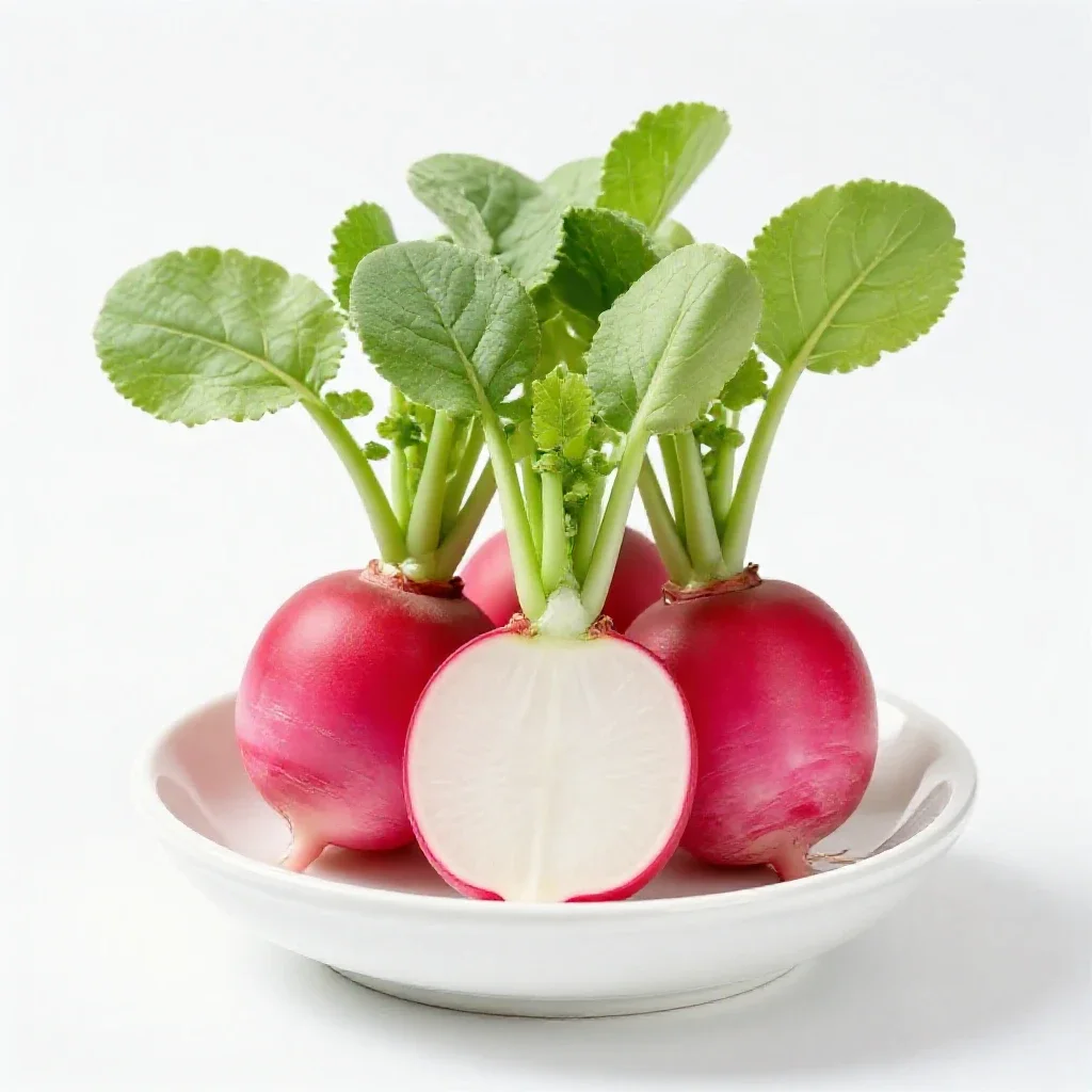 Bunch of radishes with tops isolated on a white background