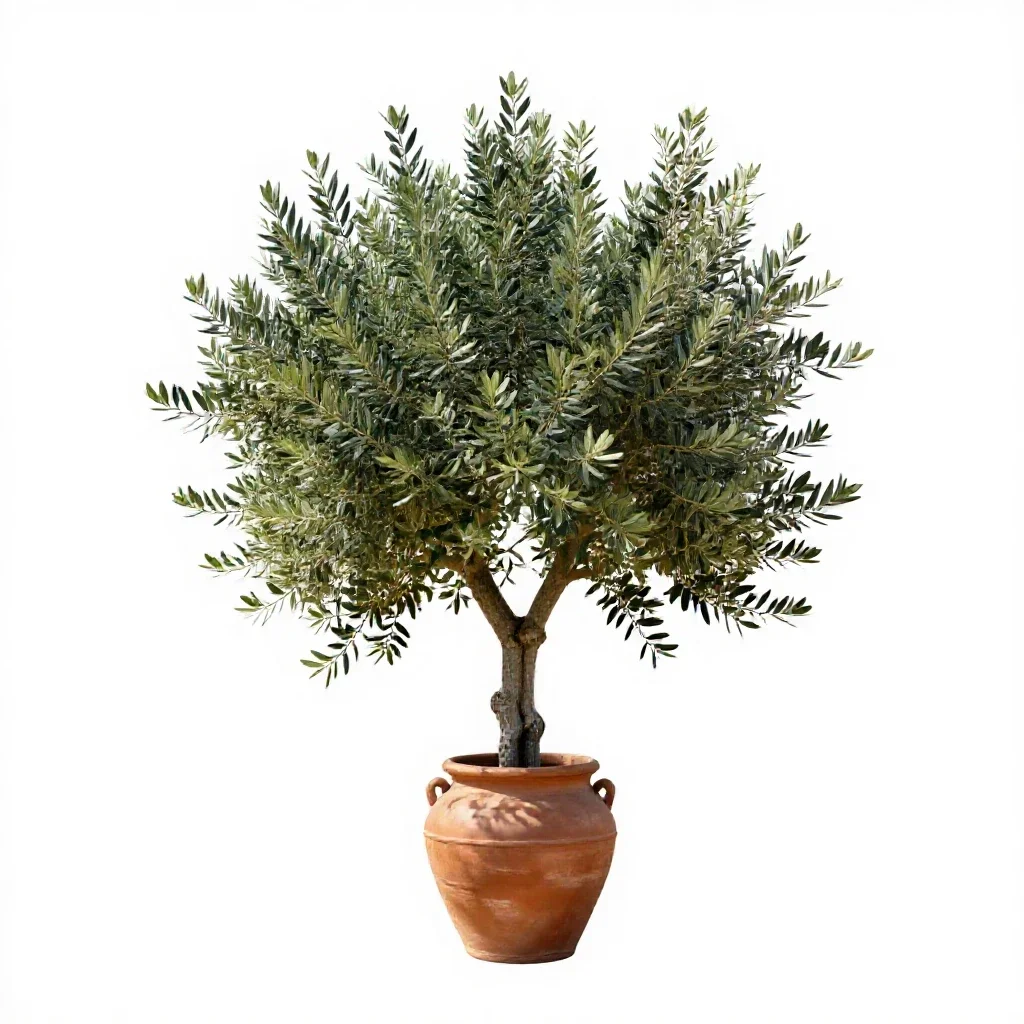 Olive tree with a gnarled trunk isolated on a white background