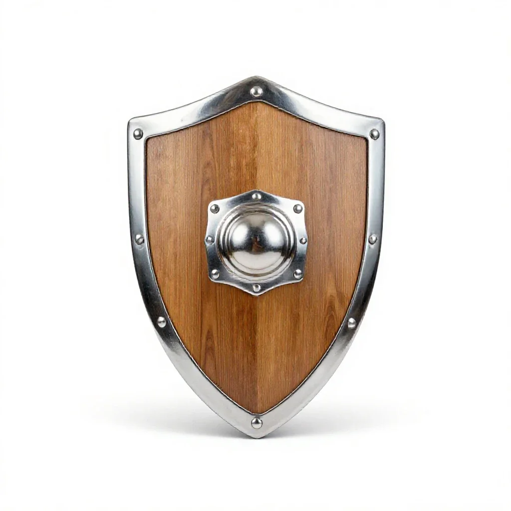 Wooden shield with an iron boss isolated on a white background