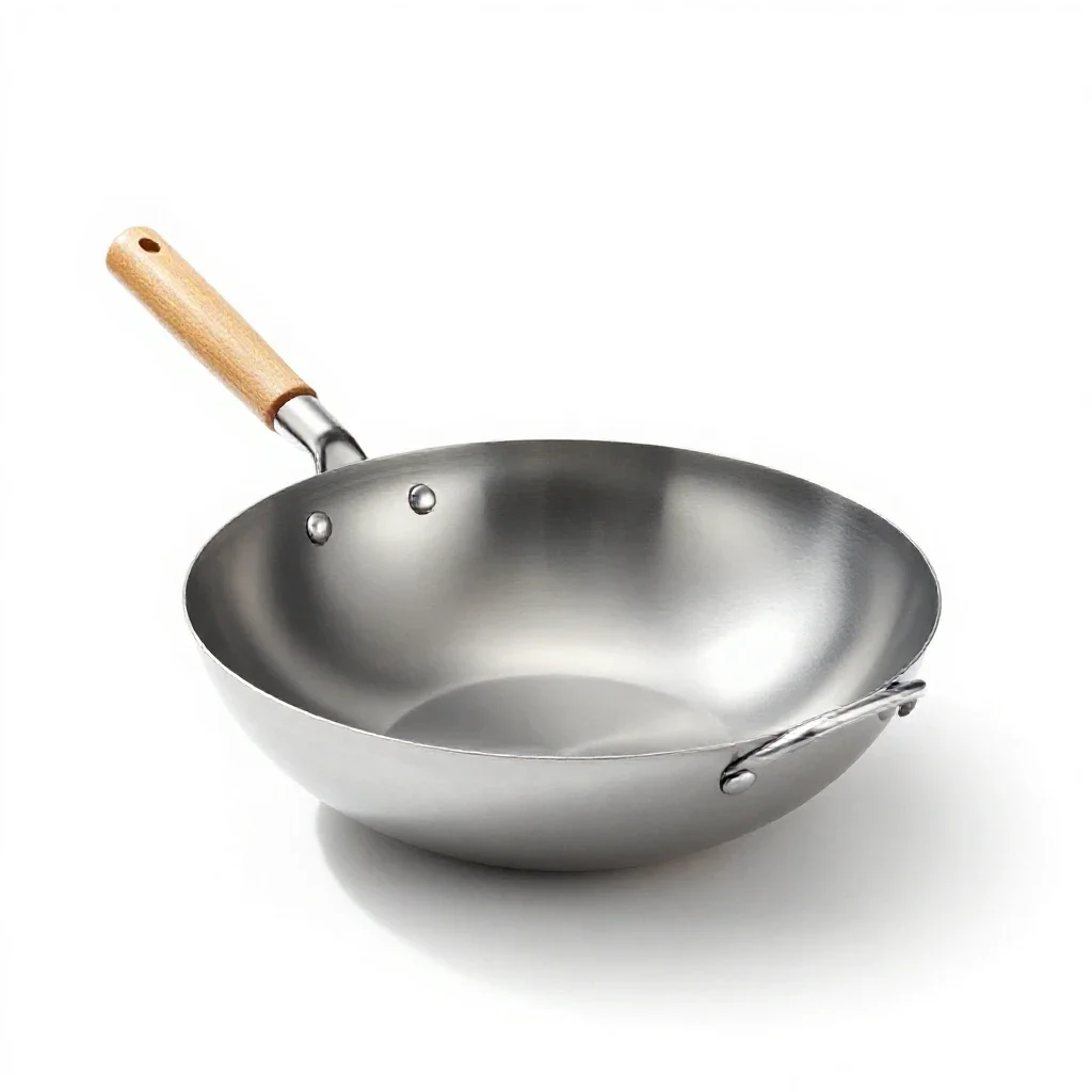 Wok with a wooden handle isolated on a white background