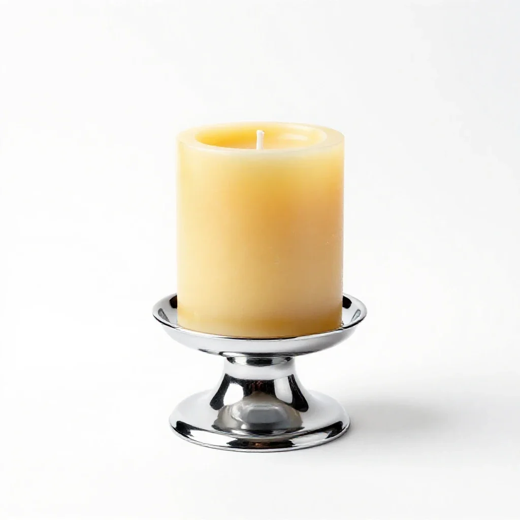 Beeswax pillar candle on a holder isolated on a white background
