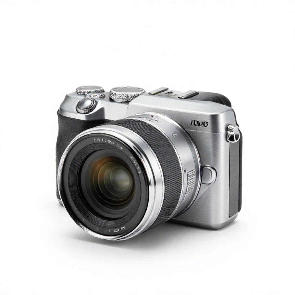 Mirrorless camera with a prime lens isolated on a white background