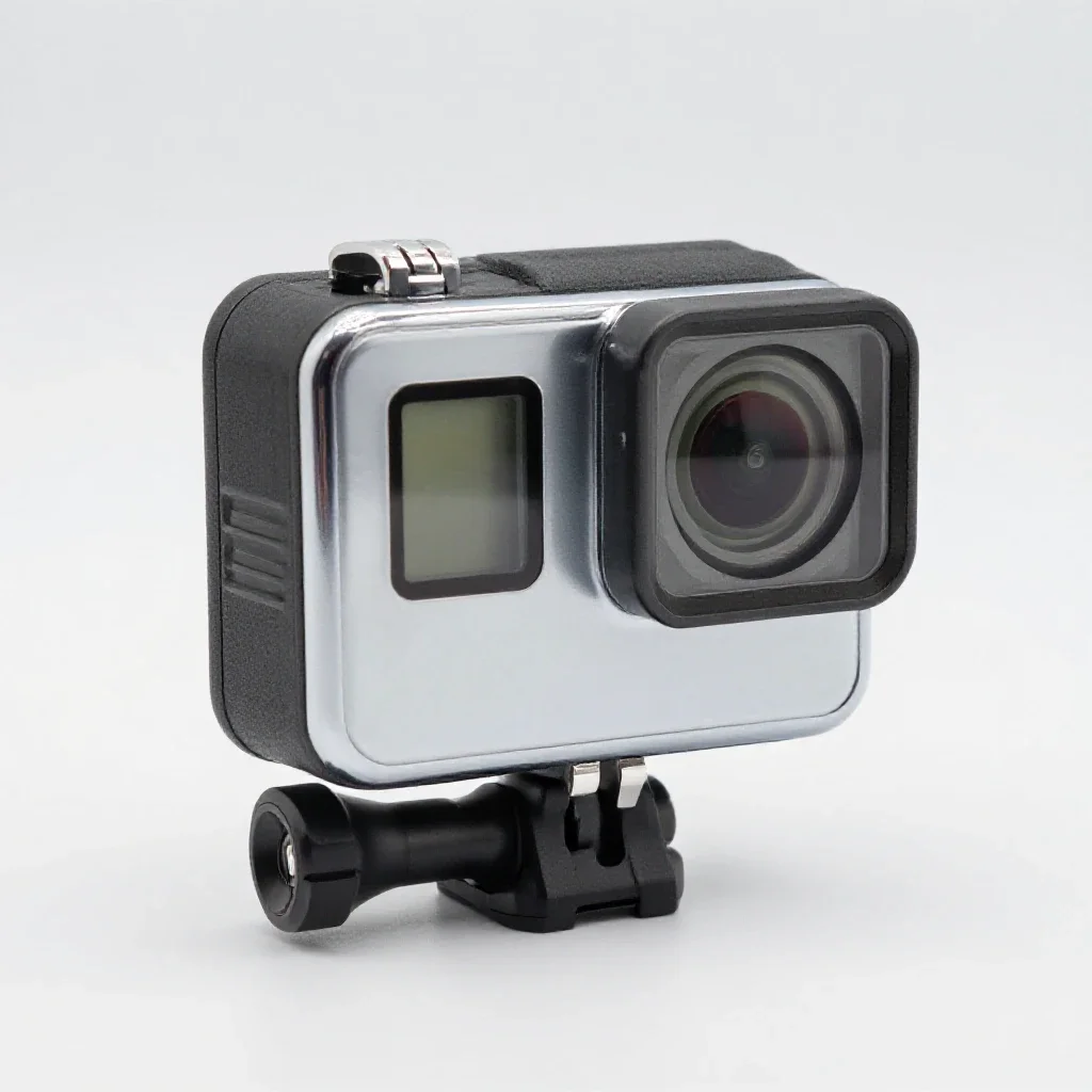 Action camera in a housing isolated on a white background