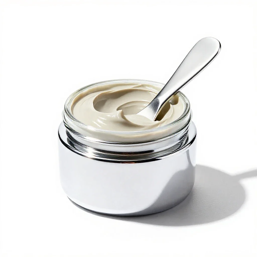 Clay mask jar with a spatula isolated on a white background