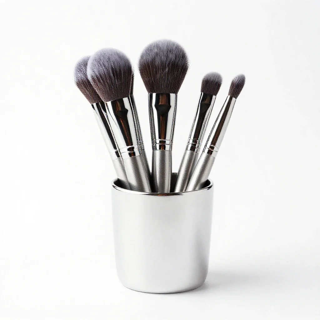 Makeup brush set in a cup isolated on a white background