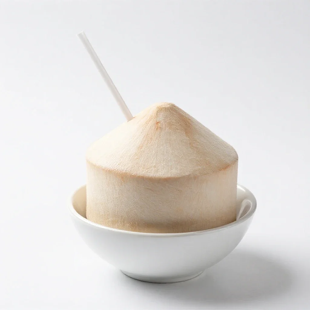 Fresh coconut with a straw isolated on a white background