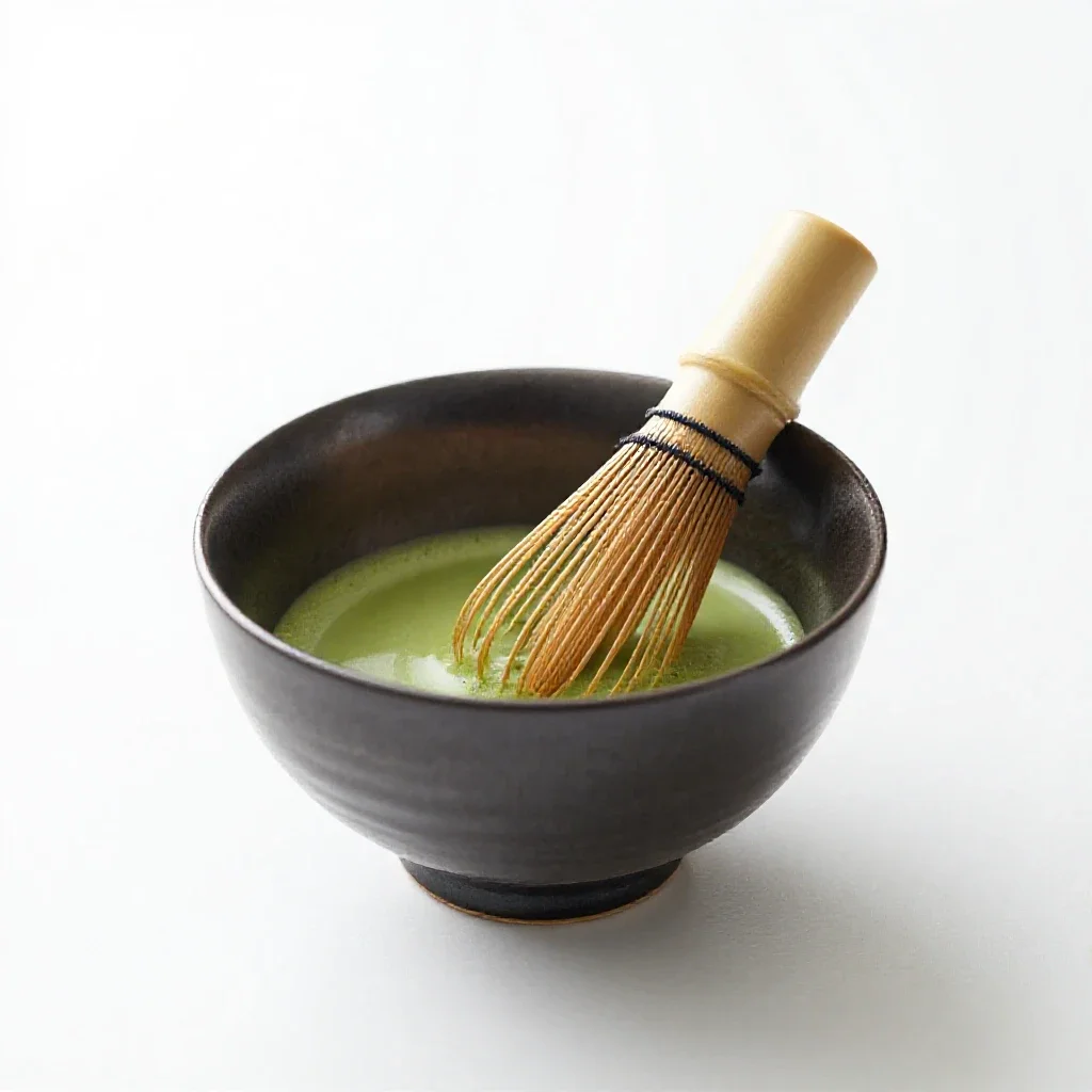 Matcha whisked in a chawan isolated on a white background