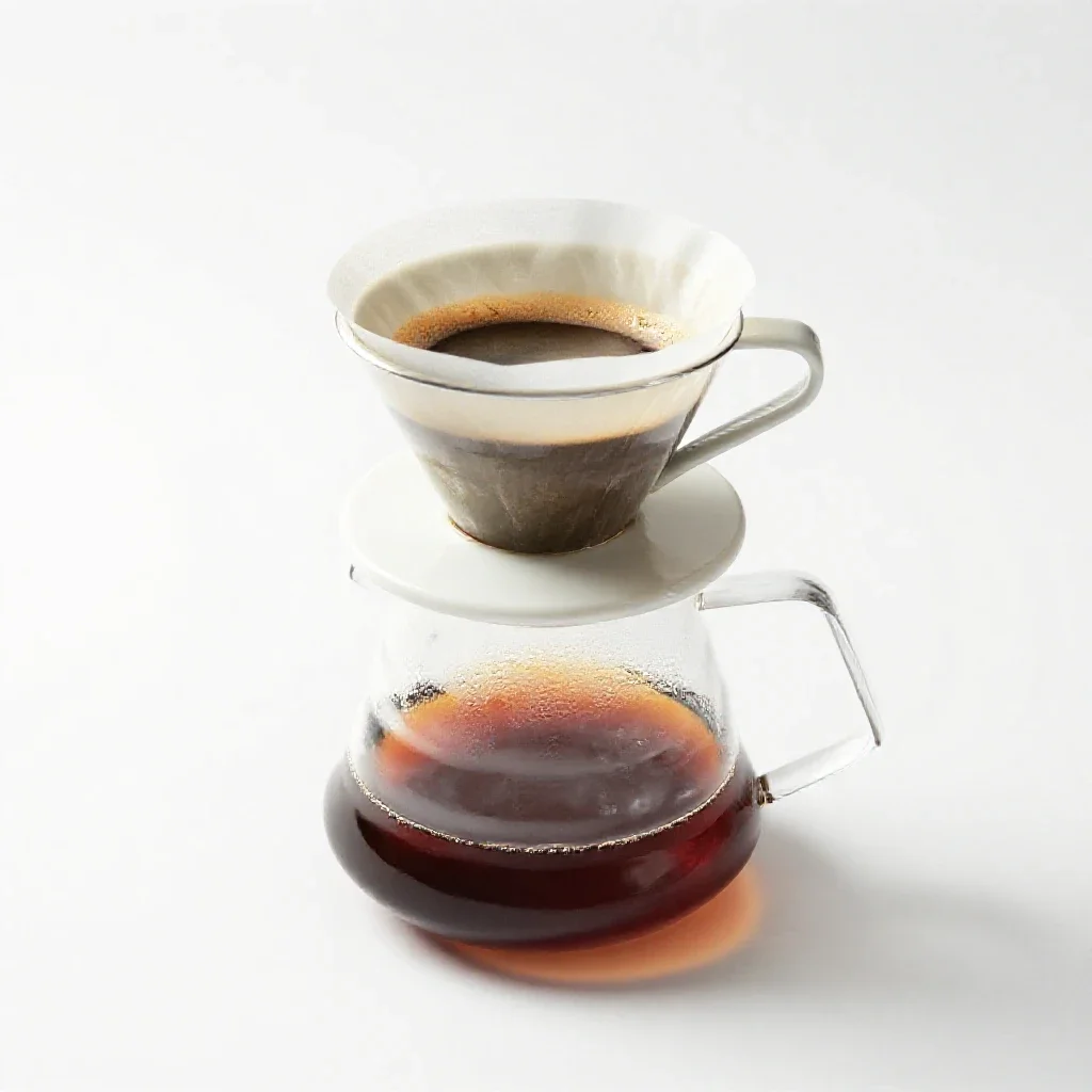 Pour-over coffee mid-bloom isolated on a white background