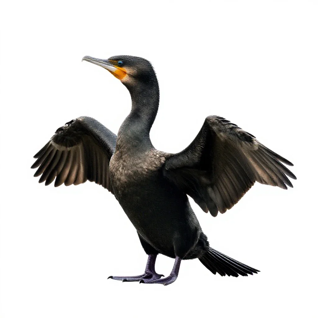 Cormorant drying its wings isolated on a white background