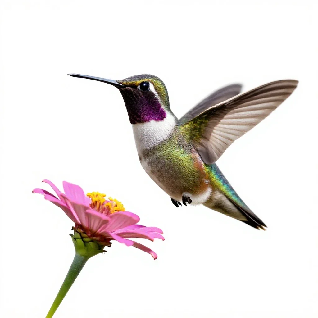 Hummingbird at a flower isolated on a white background