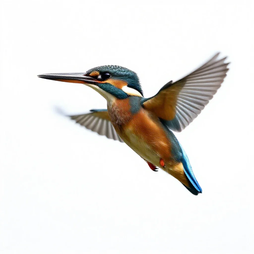 Kingfisher hovering isolated on a white background