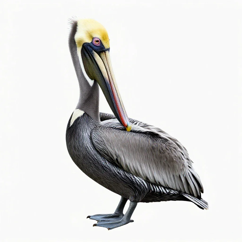 Pelican with its pouch full isolated on a white background
