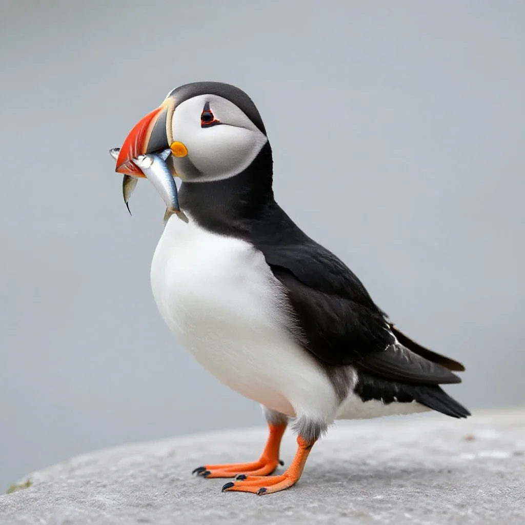 Puffin with a beakful of fish isolated on a white background