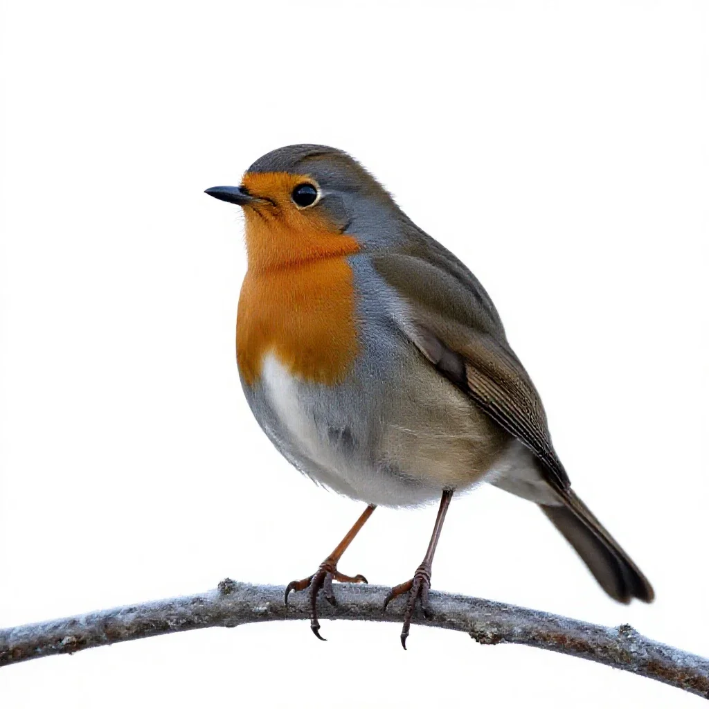Robin on a frosted branch isolated on a white background