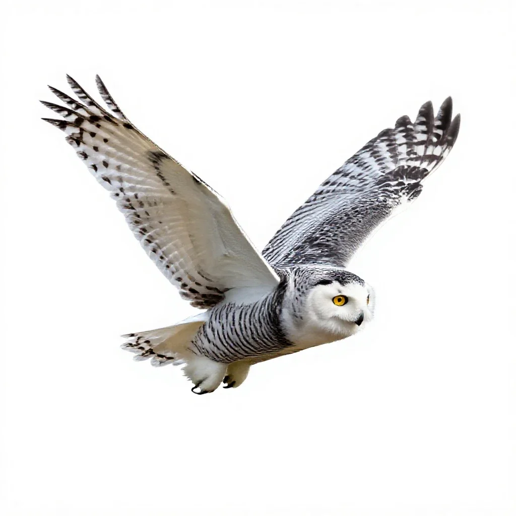 Snowy owl in flight isolated on a white background