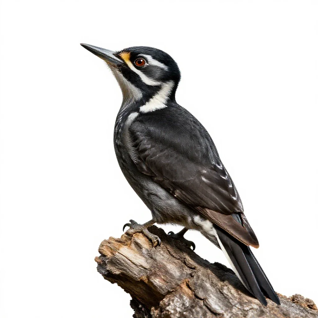 Woodpecker on bark isolated on a white background