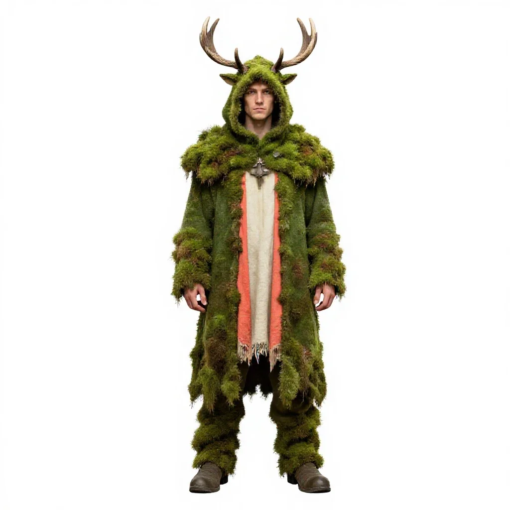 Druid cloaked in moss and antlers isolated on a white background