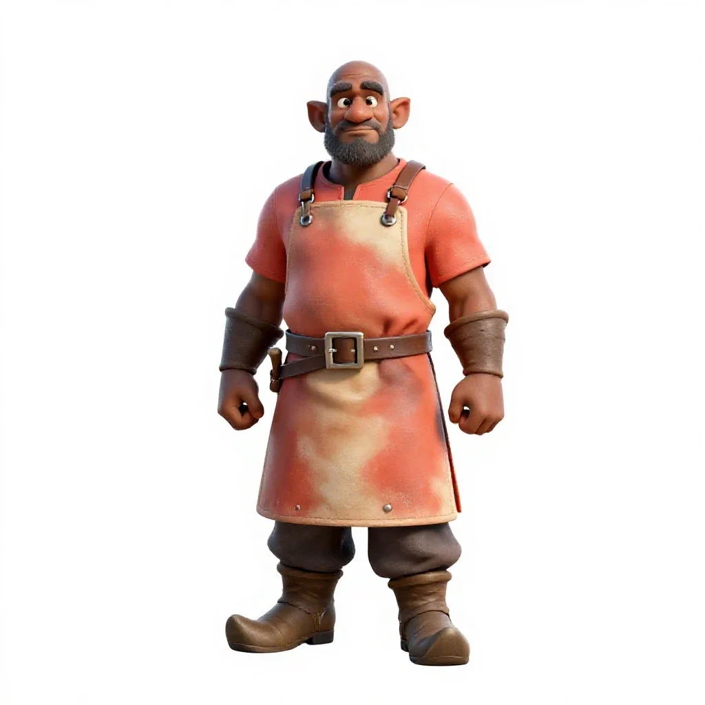 Dwarven blacksmith in a leather apron isolated on a white background