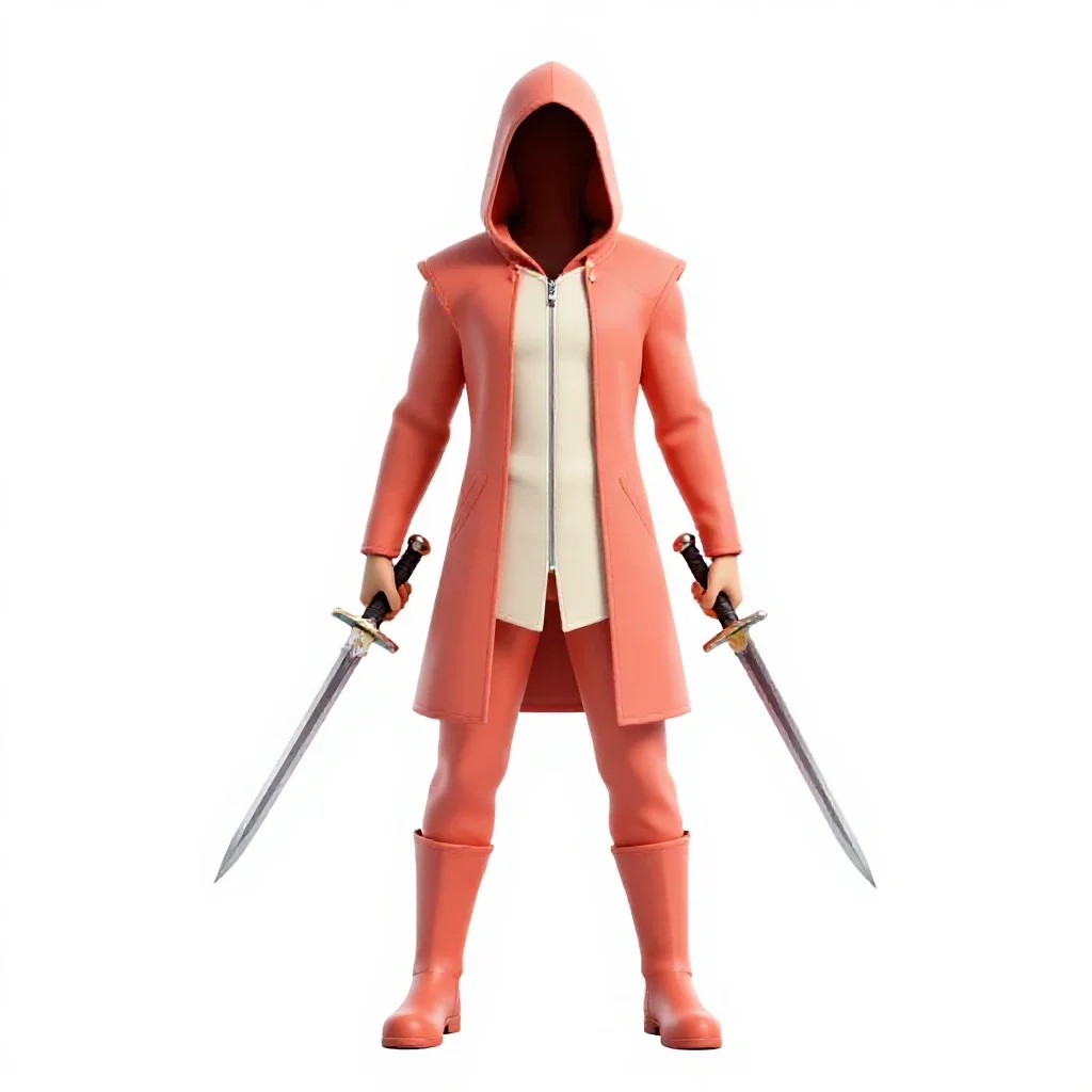 Hooded rogue with twin daggers isolated on a white background