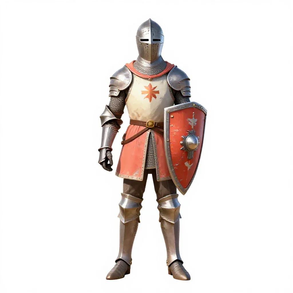 Knight errant with a battered shield isolated on a white background