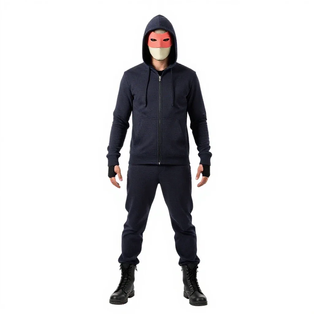 Masked assassin in dark cloth isolated on a white background