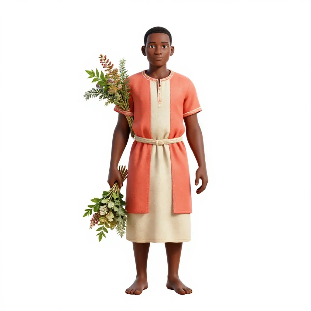 Village healer with herb bundles isolated on a white background