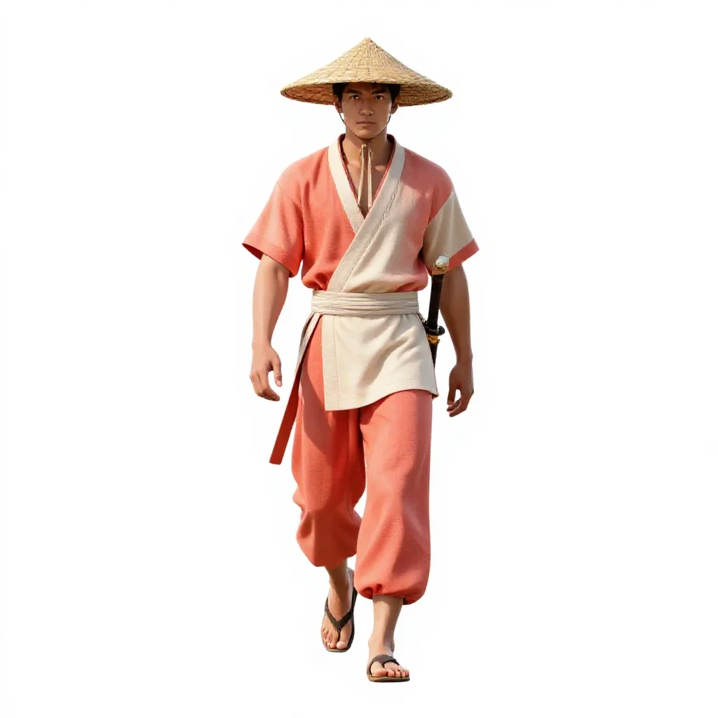 Wandering swordsman in a straw hat isolated on a white background