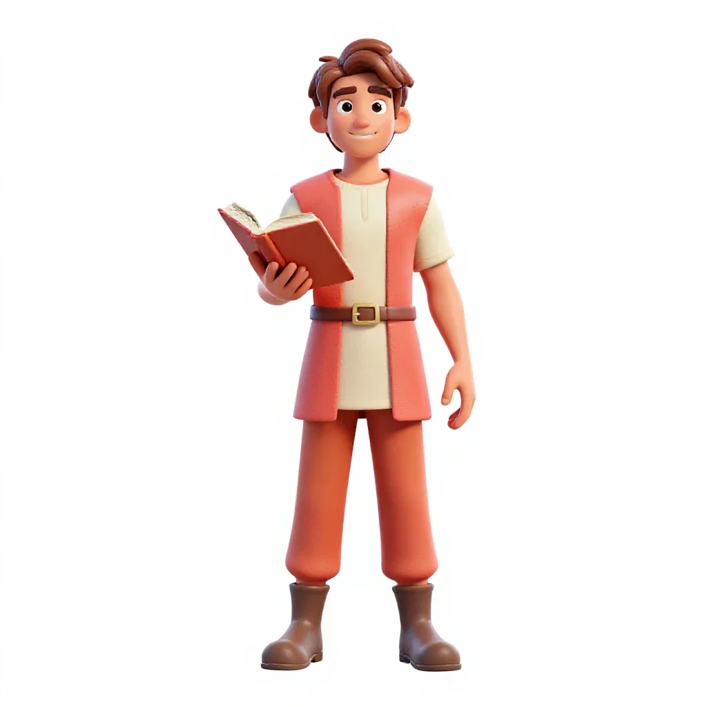 Young apprentice with a spellbook isolated on a white background