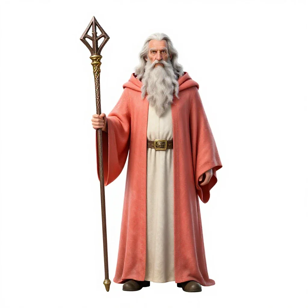 Elder wizard with a rune staff isolated on a white background