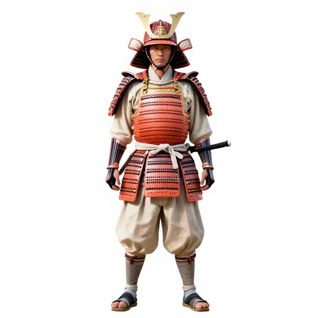 Samurai in lacquered armour isolated on a white background