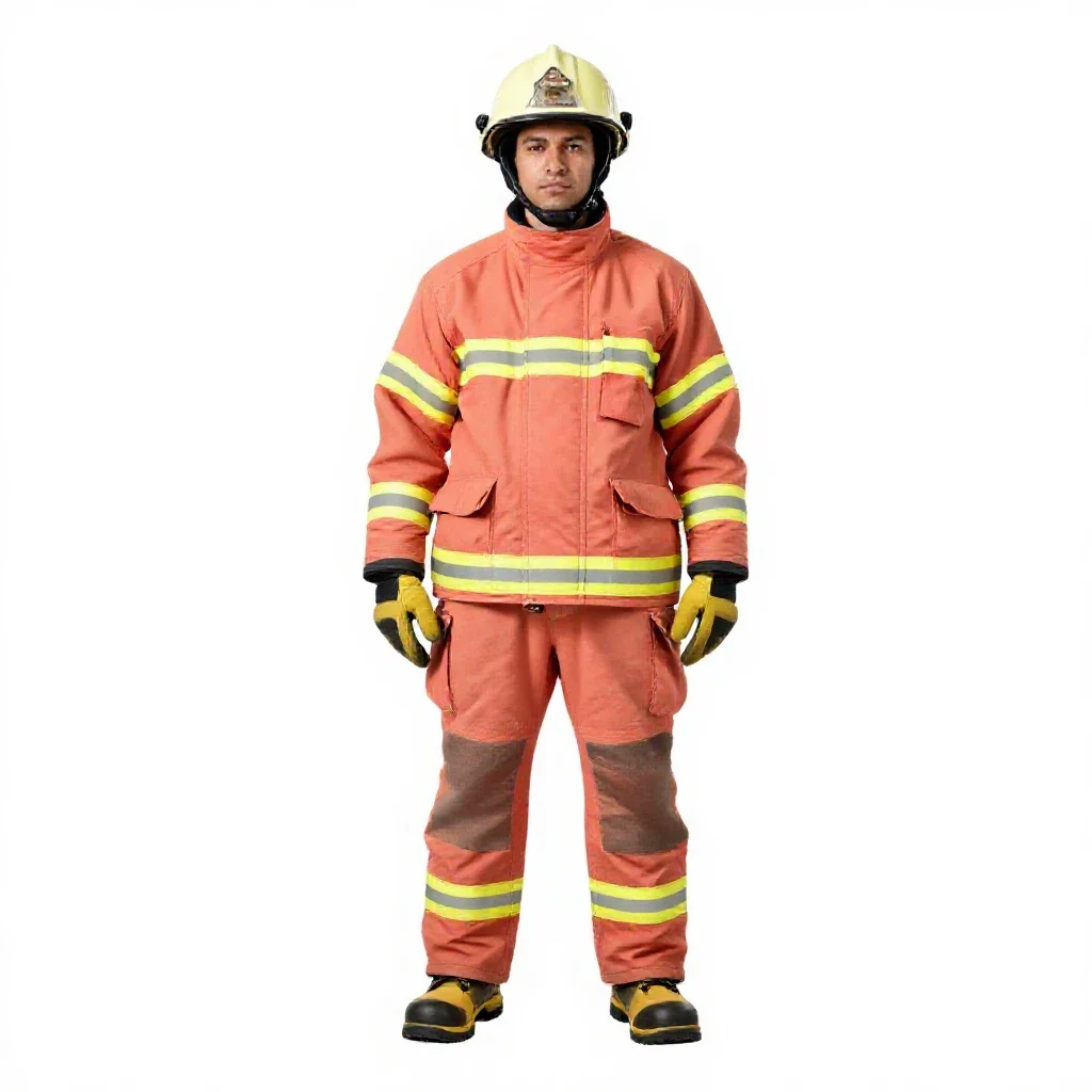 Firefighter in turnout gear isolated on a white background