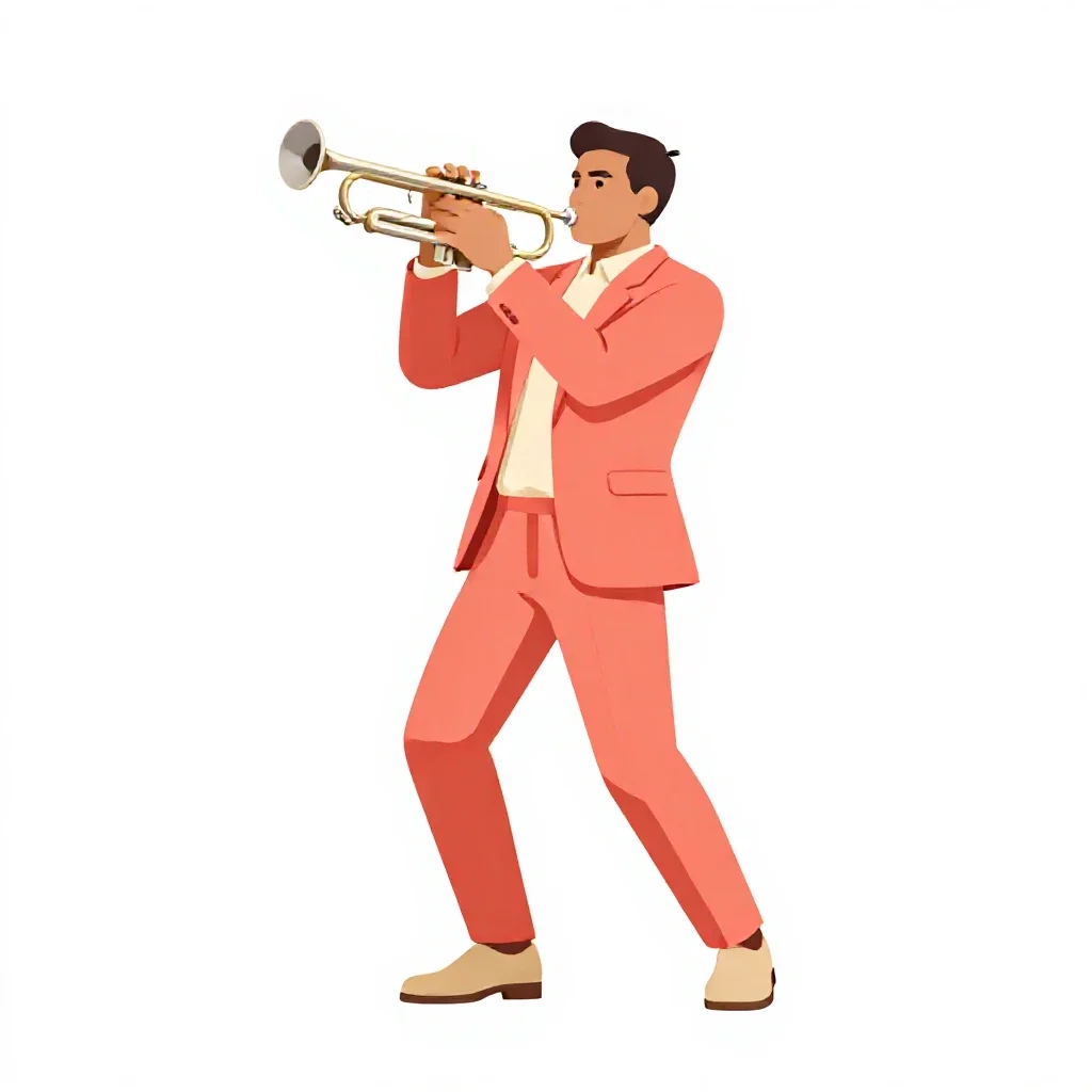 Jazz trumpeter mid-performance isolated on a white background