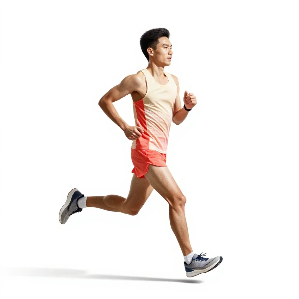 Long-distance runner mid-stride isolated on a white background