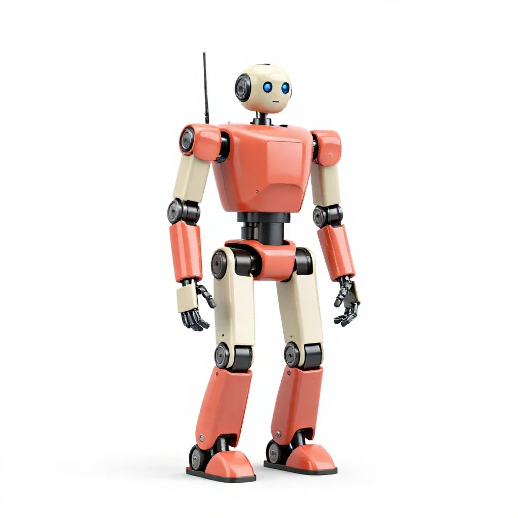 Robotics student with a prototype isolated on a white background