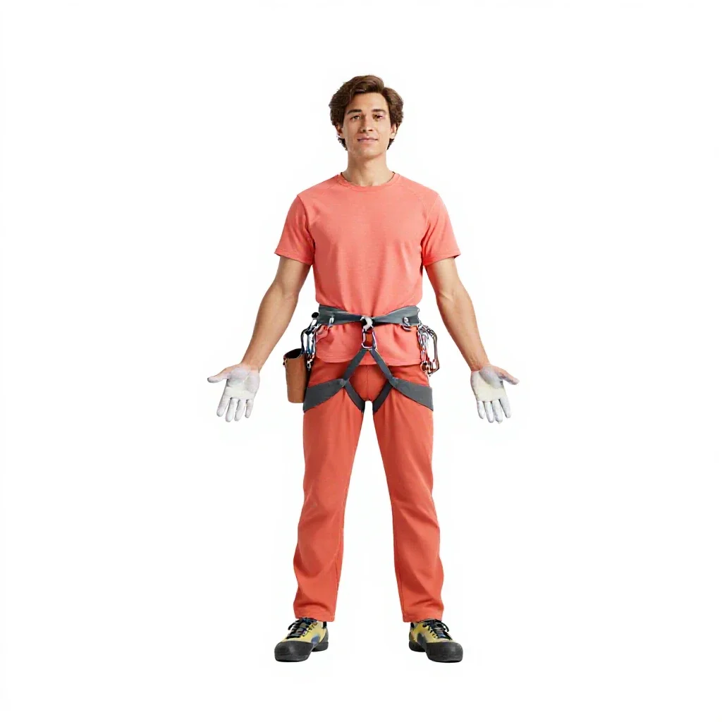 Rock climber chalking hands isolated on a white background