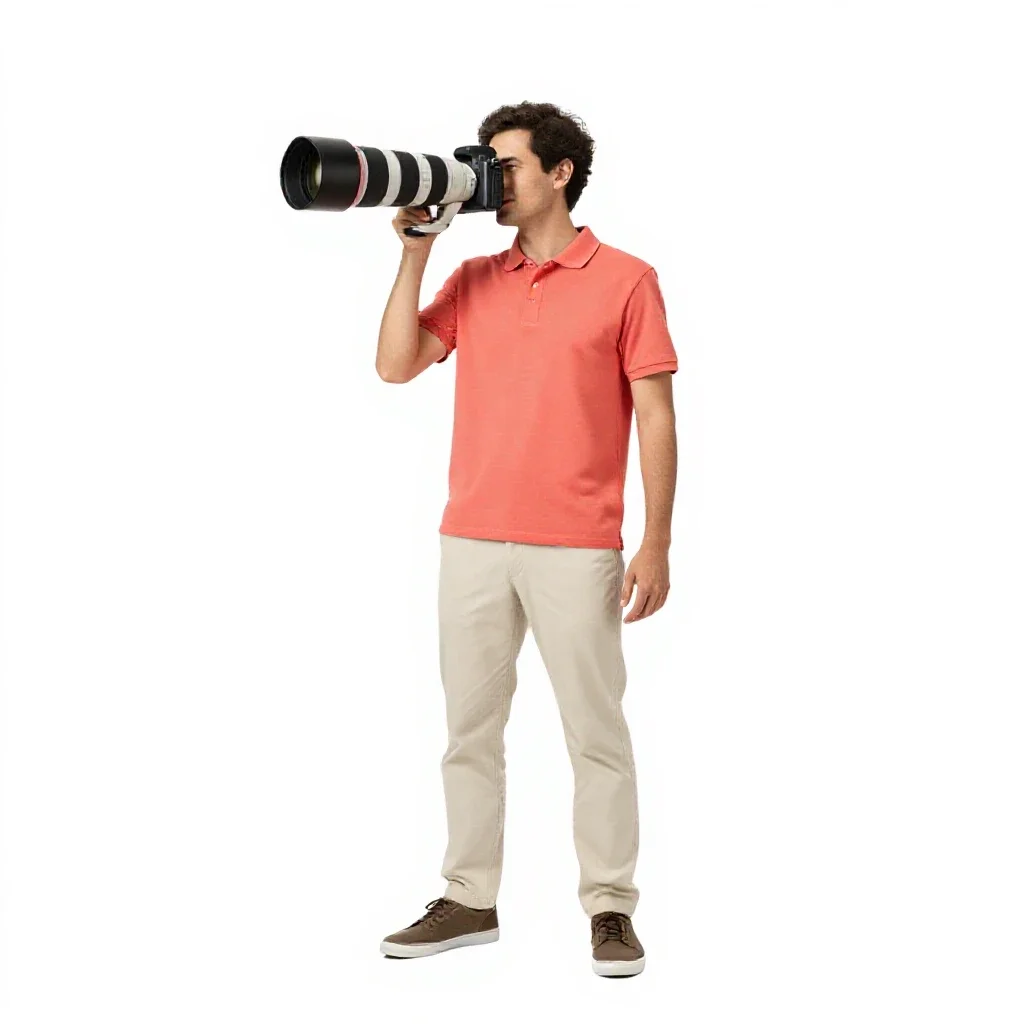 Wildlife photographer with a long lens isolated on a white background
