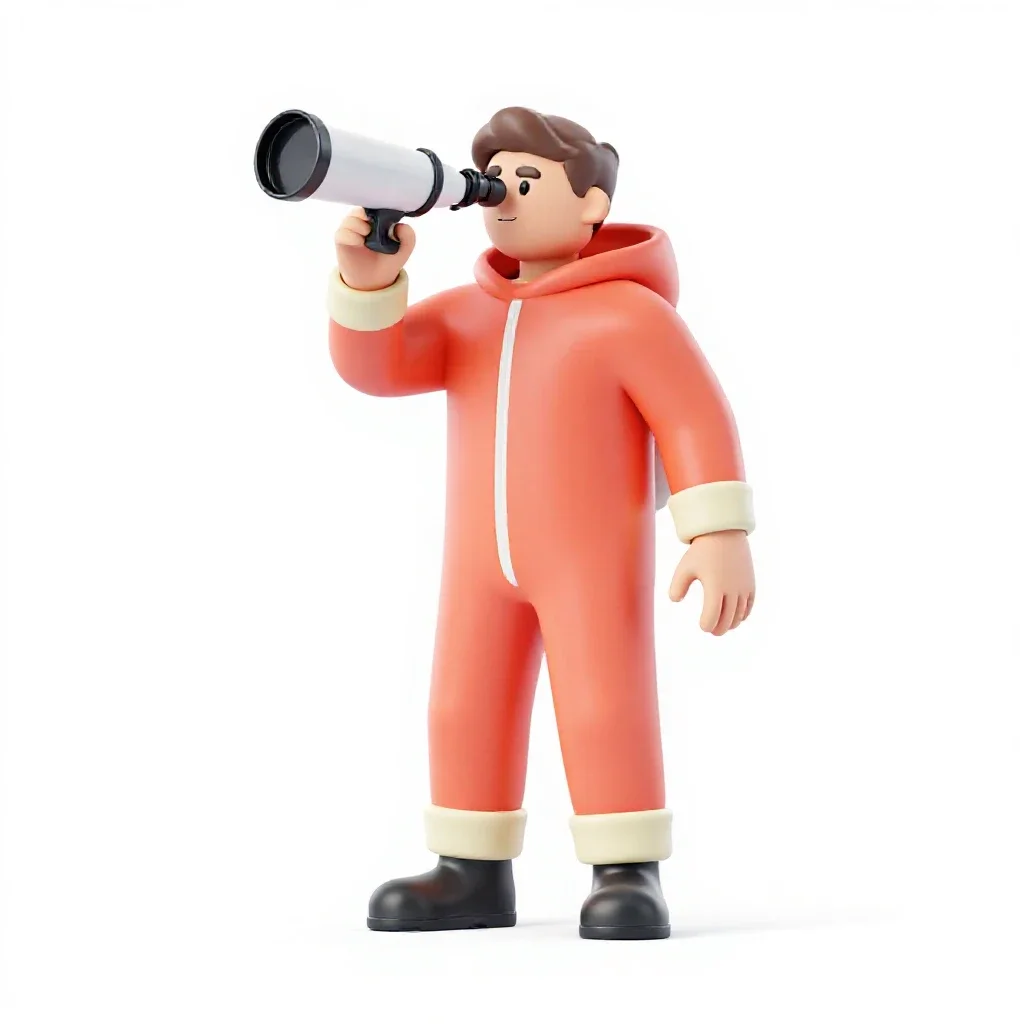 Astronomer at a telescope eyepiece isolated on a white background