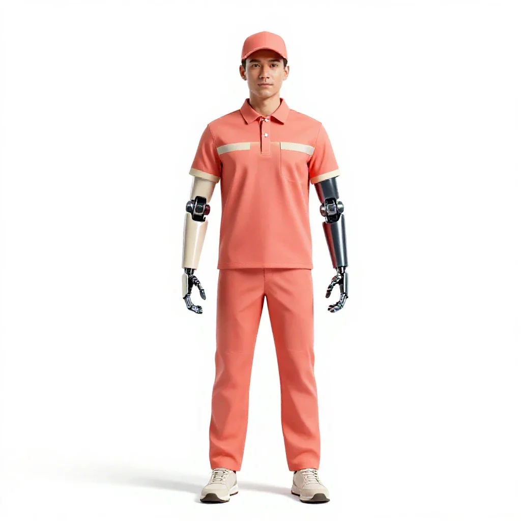 Courier with a cybernetic arm isolated on a white background
